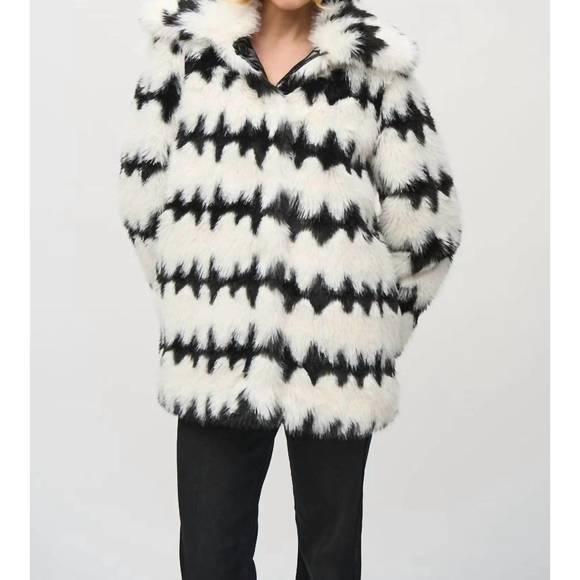 NEW JOSEPH RIBKOFF reversible faux fur coat in vanilla/black - Picture 1 of 6